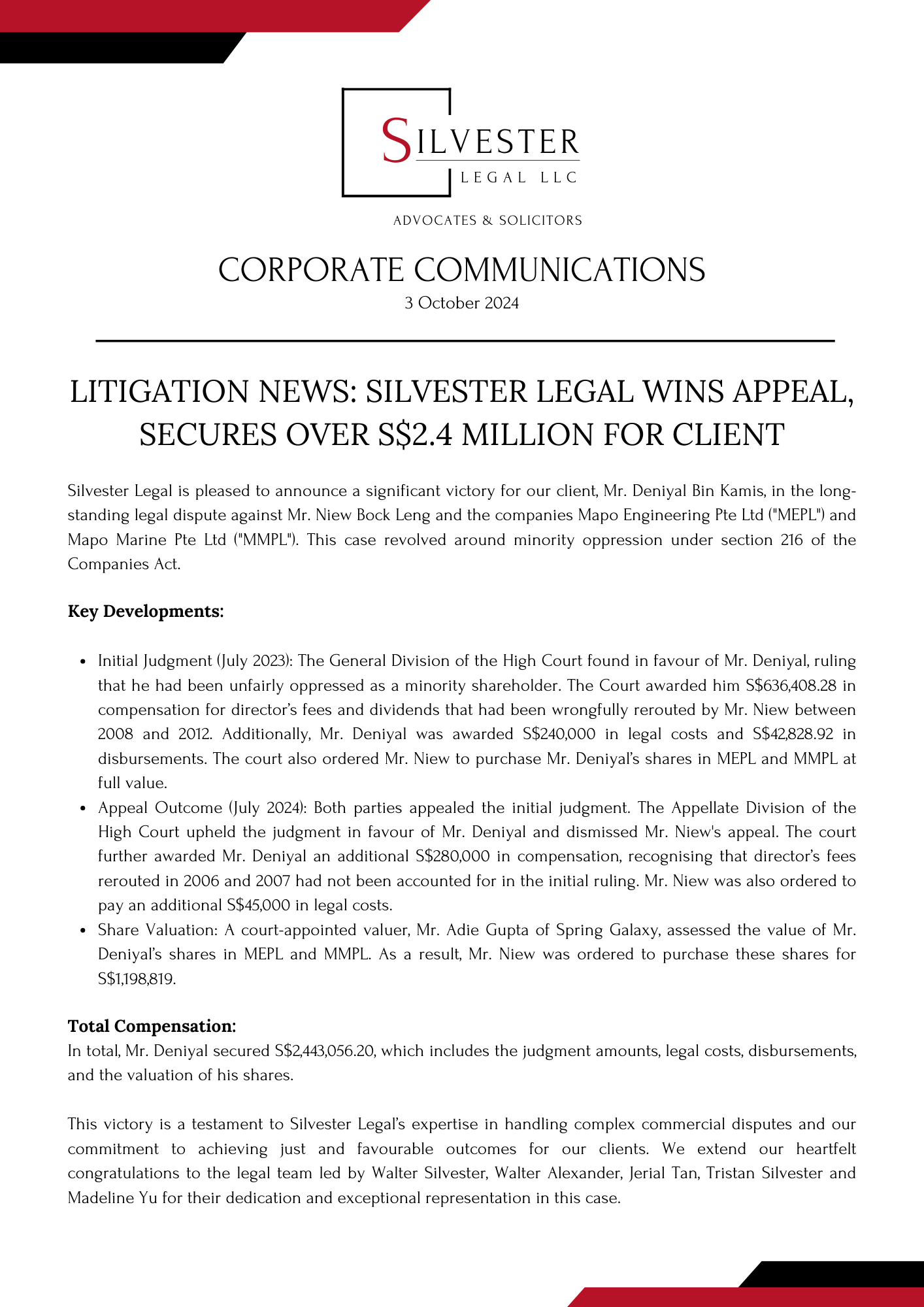 corporate communication litigation win document